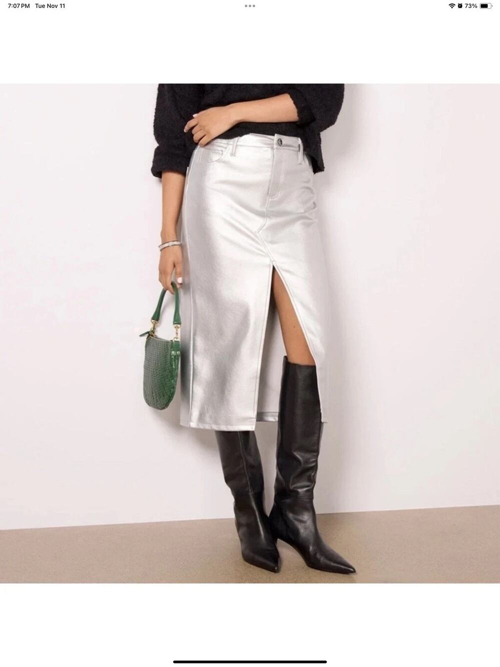 Sanctuary Metallic Silver Faux Leather Midi Skirt 26 NWT